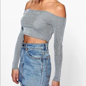 Grey Cropped Ribbed Longsleeve Top